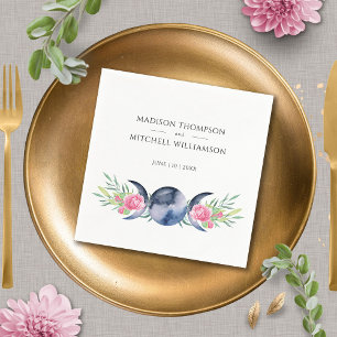 Moon Phase Pink Roses Floral Metaphysical Wedding Napkins