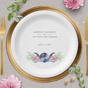 Moon Phase Pink Roses Floral Metaphysical Wedding Paper Plates