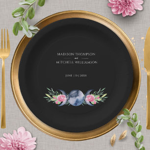 Moon Phase Pink Roses Floral Metaphysical Wedding Paper Plates