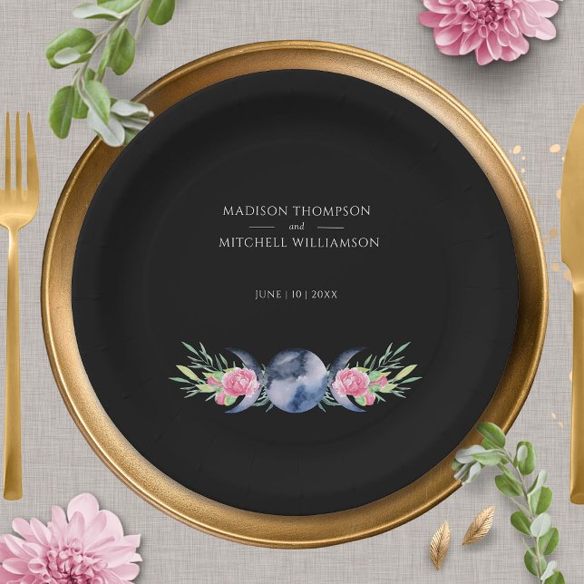 Moon Phase Pink Roses Floral Metaphysical Wedding Paper Plates (Creator Uploaded)