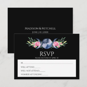 Moon Phase Pink Roses Floral Metaphysical Wedding RSVP Card