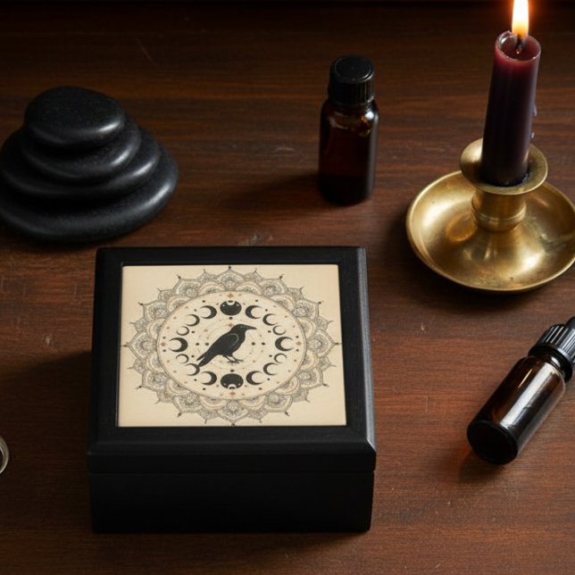 Moon Phase Raven Wooden Jewelry Keepsake Box (Celestial Raven wooden keepsake box
)
