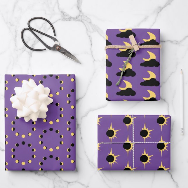 Moon phases and eclipses simple celestial purple wrapping paper sheets (Front)