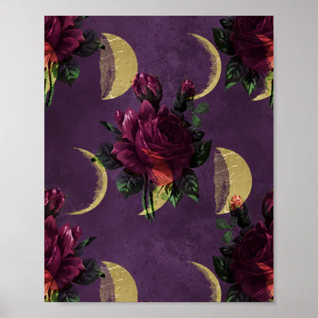 Moon Phase Roses Moon Phases and Purple Roses | Gorgeous New Age Poster | Zazzle