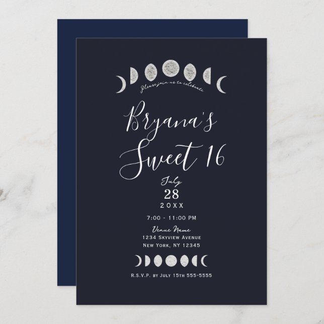 Moon Phases Blue Astrology Celestial Sweet 16    Invitation (Front/Back)