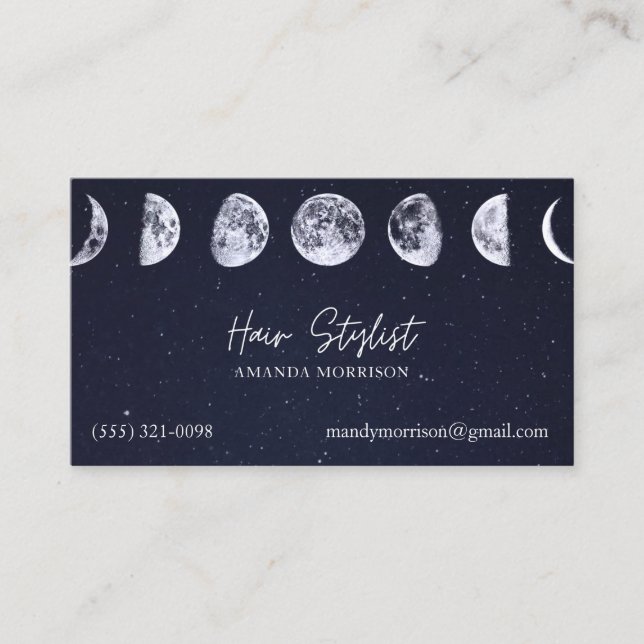 Moon Phases Celestial Hair Stylist Business Cards (Front)