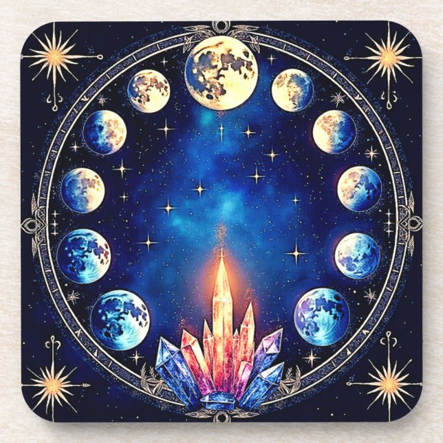 Moon Phases Crystal Cosmos Beverage Coaster (Front)