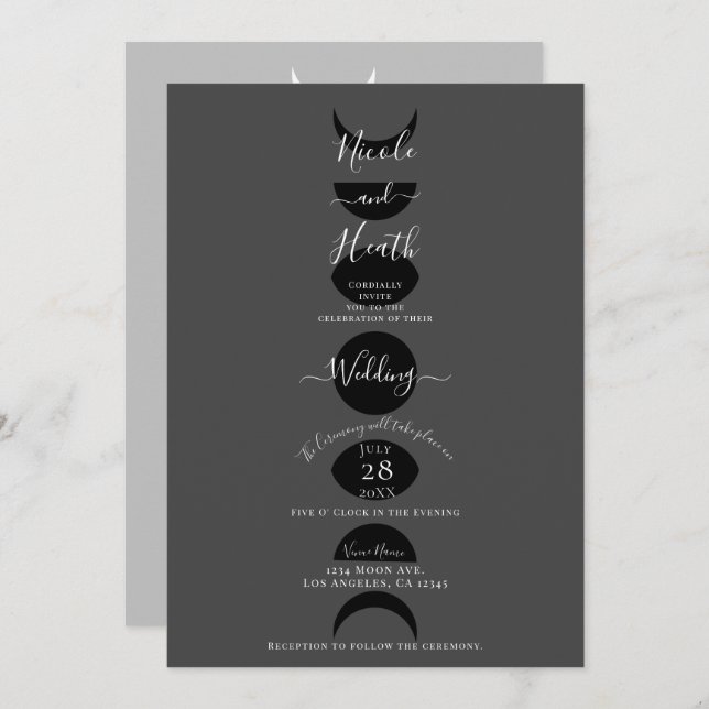 Moon Phases Cycles Black Grey & White Wedding    Invitation (Front/Back)