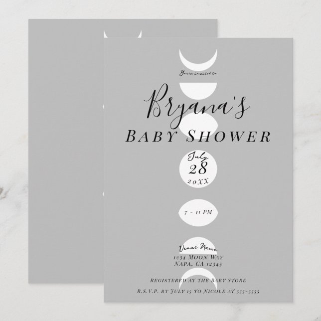 Moon Phases Cycles Grey & White Baby Shower Invitation (Front/Back)