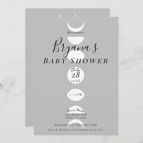 Moon Phases Cycles Grey  White Baby Shower Invitation