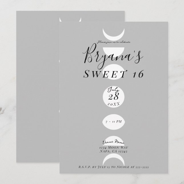 Moon Phases Cycles Grey & White Sweet 16 Invitation (Front/Back)