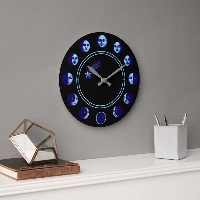 Moon Phases Faces Waxing Gibbous & Waning Crescent Large Clock (Office)