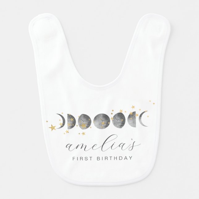 Moon Phases Gold Stars Baby Bib (Front)