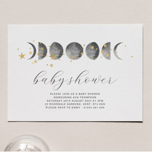 Moon Phases Gold Stars Baby Shower Invitation