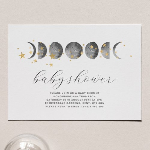 Moon Phases Gold Stars Baby Shower Invitation