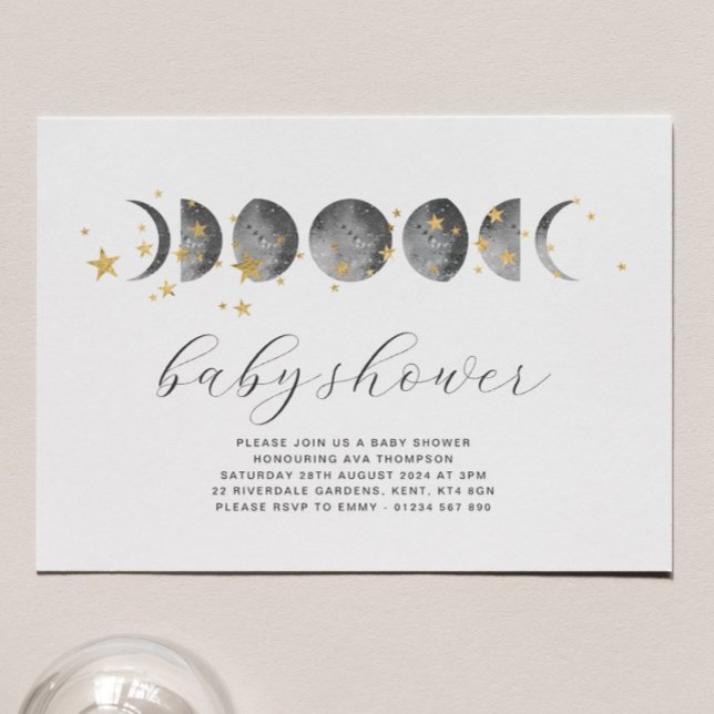 Moon Phases Gold Stars Baby Shower Invitation (Creator Uploaded)