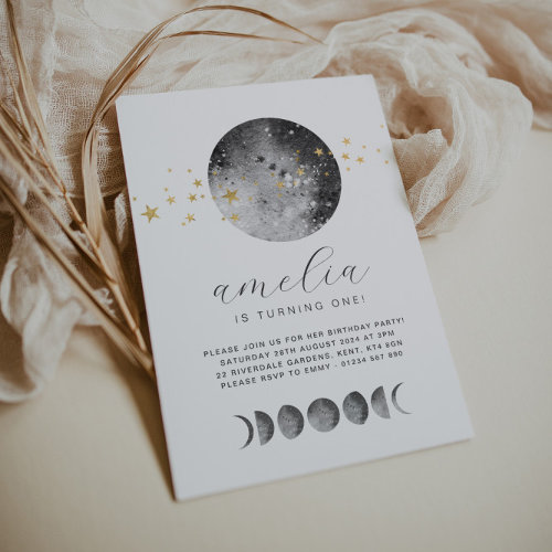 Moon Phases Gold Stars Birthday Invitation