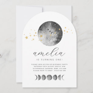 Moon Phases Gold Stars Birthday Invitation