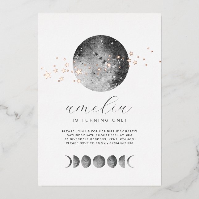 Moon Phases Gold Stars Birthday Rose Gold Foil Invitation (Front)