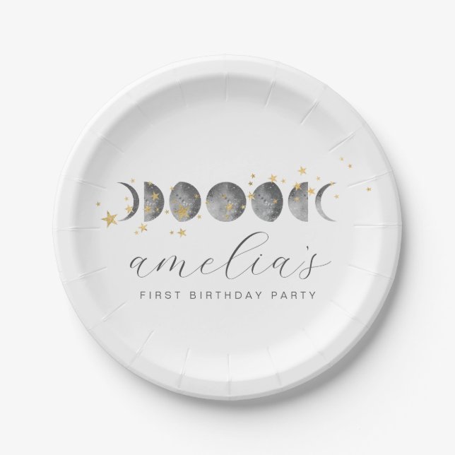 Moon Phases Gold Stars Paper Plates (Front)