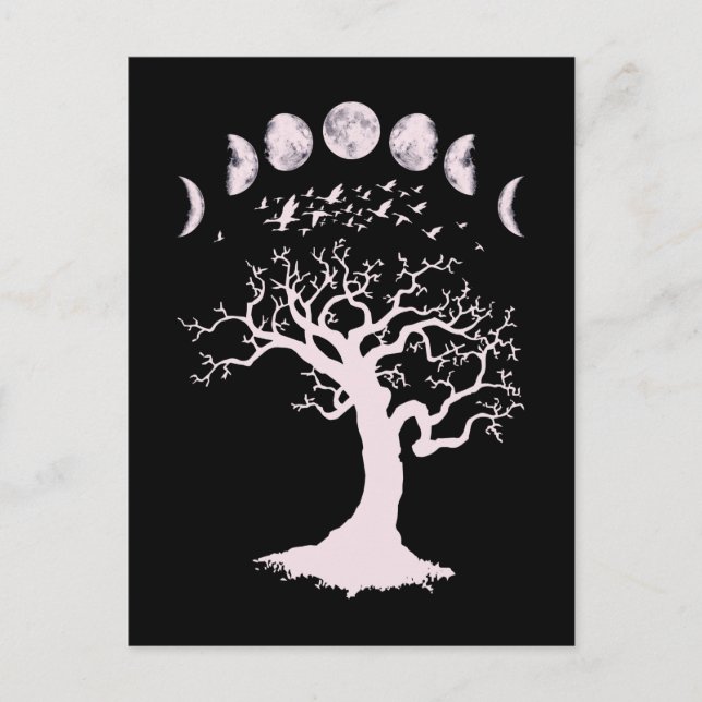 Moon Phases Gothic Tree Birds Postcard (Front)