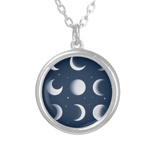 Moon Phases Grid Celestial Pattern Design Silver Plated Necklace (Front)