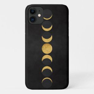 Moon phases in gold withblack textured background iPhone 11 case