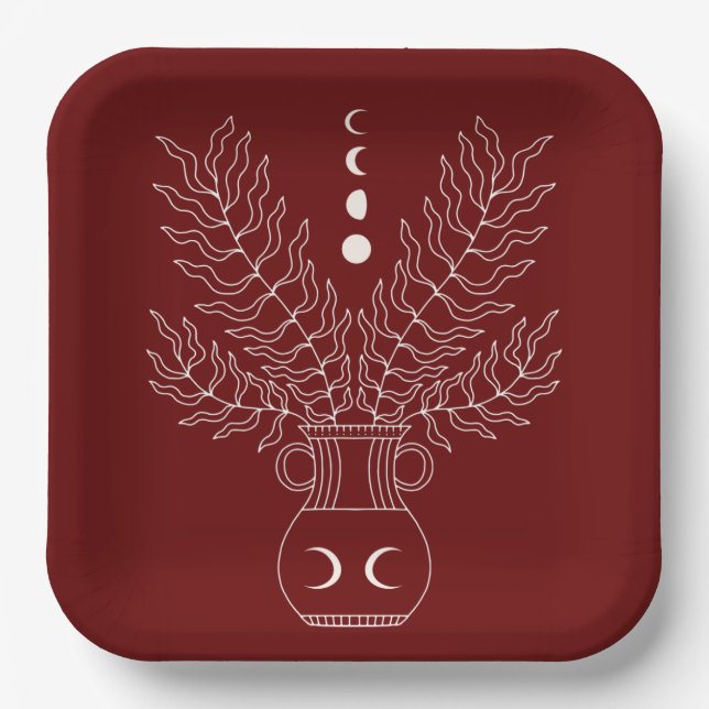 Moon phases leaves foliage urn burgundy red paper  paper plates (Front)