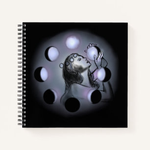 Moon Phases Notebook – Woman Gazing at Lunar Glow