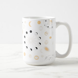 Moon phases planets orbit gold black white coffee mug
