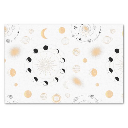 Moon phases planets orbit gold black white tissue paper