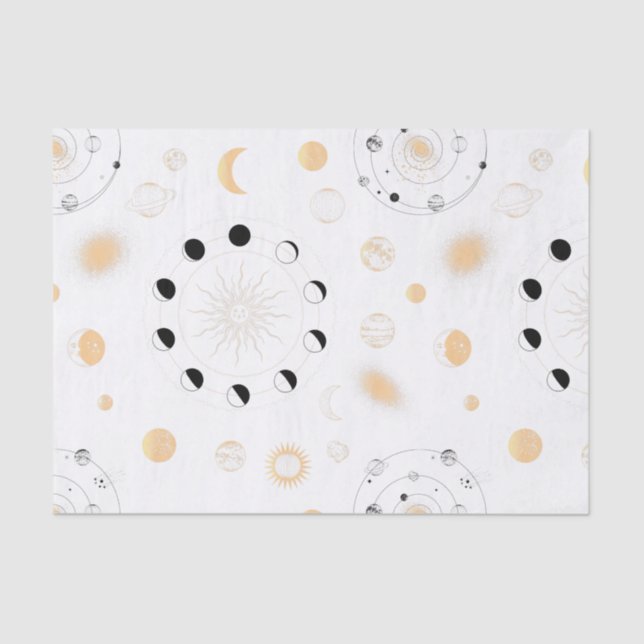 Moon phases planets orbit gold black white tissue paper (Front)