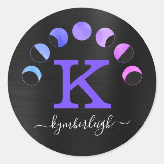 Moon Phases Purple Pink Teal Glam Monogram Name Classic Round Sticker