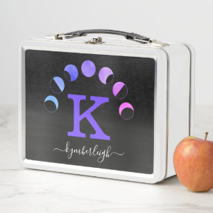 Moon Phases Purple Pink Teal Glam Monogram Name Metal Lunch Box