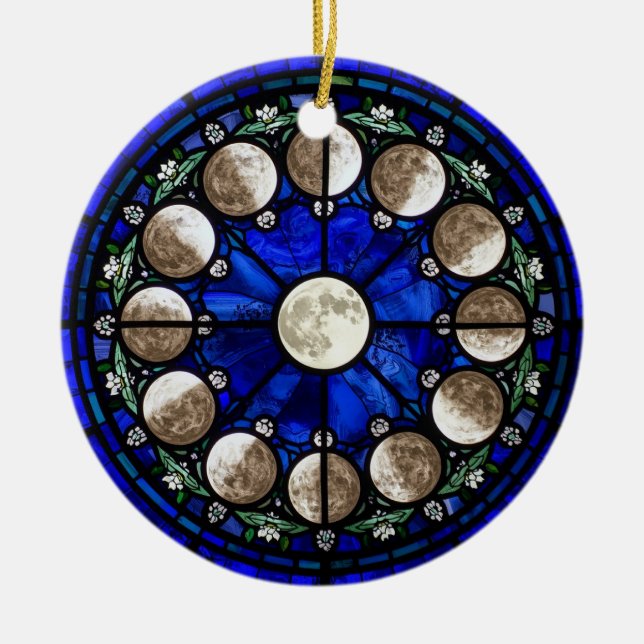 Moon Phases Stained Glass Circle Ceramic Ornament (Front)