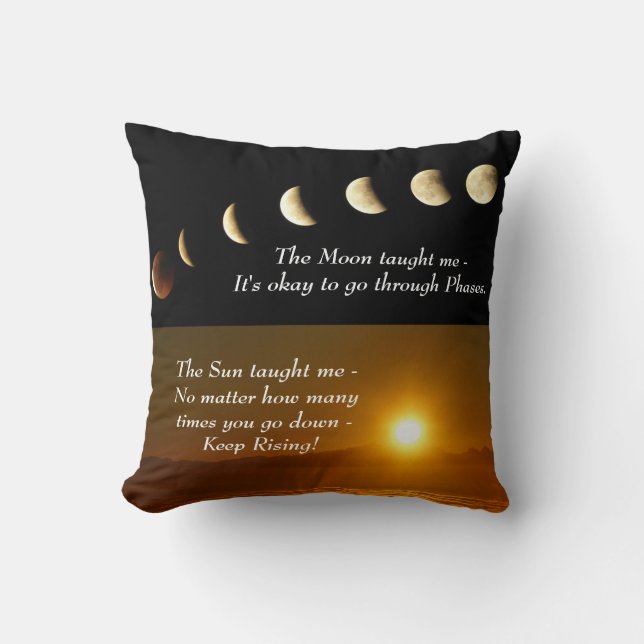 Moon Phases Sun Rises Inspirational Quote Throw Pillow (Front)