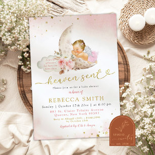 Moon Pink Boho Blonde Girl Angel Baby Shower Invitation