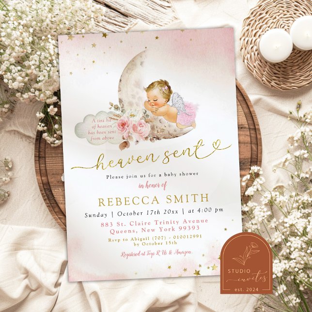 Moon Pink Boho Blonde Girl Angel Baby Shower Invitation (Creator Uploaded)