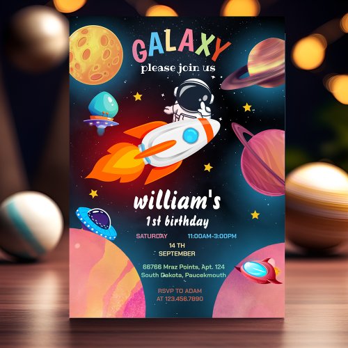 moon Planet Alien Stars Space galaxy 1st Birthday Invitation