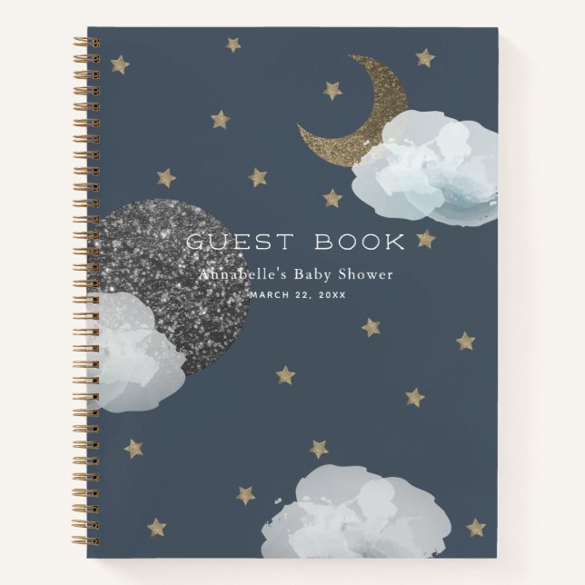Moon Planet Star Cloud Navy Baby Shower Guest Book (Front)