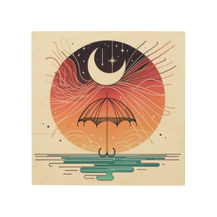 Moon Resting on Umbrella with Star Rain Wood Wall Art
