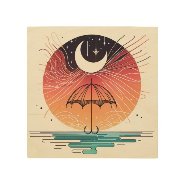 Moon Resting on Umbrella with Star Rain Wood Wall Art (Front)