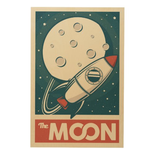 Moon Retro Galaxy Rocket  Wood Wall Art