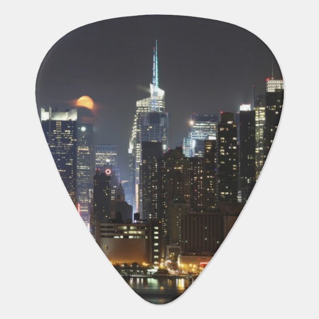 Moon rises over midtown New York. Guitar Pick (Front)
