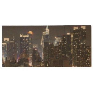 Moon rises over midtown New York. Wood USB Flash Drive