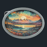 Moon Rising Over Mountains, Retro Color Design Belt Buckle<br><div class="desc">Moon Rising over Mountains,  A mountain Lake and colorful flora 


AI art by minx267</div>