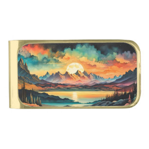 Moon Rising Over Mountains, Retro Color Design Gold Finish Money Clip