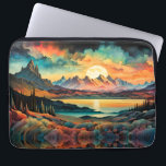 Moon Rising Over Mountains, Retro Color Design Laptop Sleeve<br><div class="desc">Moon Rising over Mountains, A mountain Lake and colorful flora
AI art by minx267</div>