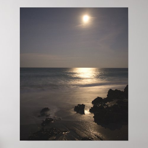 Moon Rising Over Ocean Poster