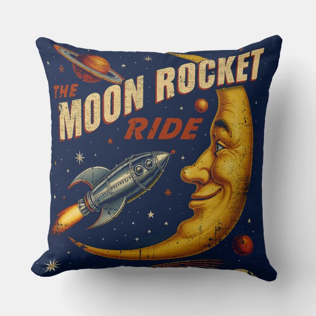 Moon Rocket Ride Vintage Pillow (Front)